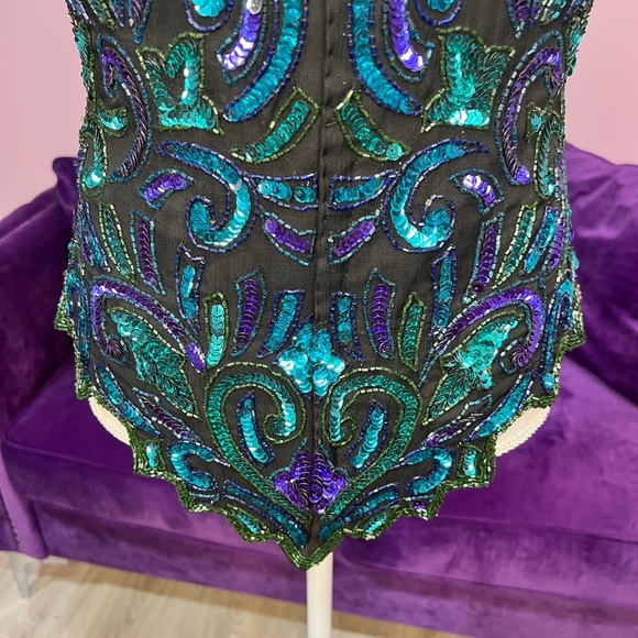 Vintage Sequin Top 100% silk Lawrence Kazar teal turquoise purple size Small - Picture 5 of 9